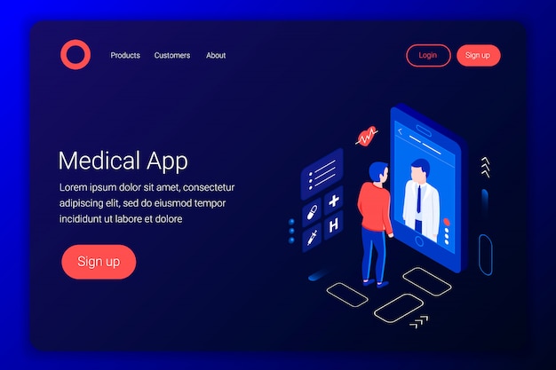 Medical consultation isometric concept. Doctor talks to the patient through the screen. Online diagnostics. Online medical application. Flat 3d style. Landing page template. illustration.