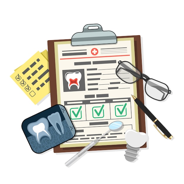 Medical Dental record concept with flat icons card of patient, dental implant, x-ray and dentistry tools. isolated vector illustration