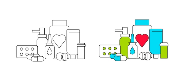 Medical drugs pills and bottles icons in composition line and in color sets for different illnesses