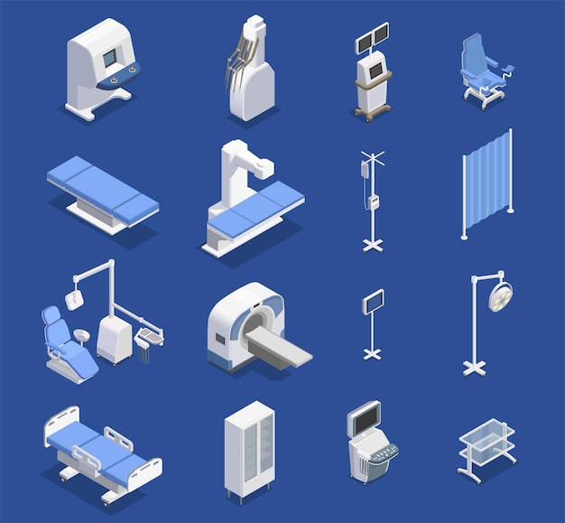 Medical equipment isometric set with sixteen isolated icons of surgical facilities chairs tables and various appliances vector illustration