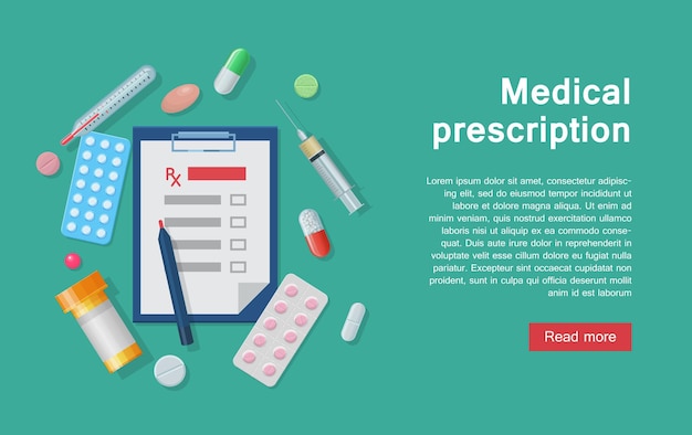 Medical equipment prescription and supplies infographic Medical equipment for prescriptions and tools as infographics for designers and illustrators Doctor s instruments as a vector illustration