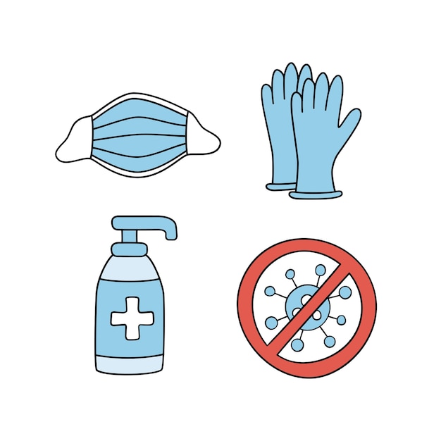 Medical face mask, latex gloves and sanitizer bottle against coronavirus. Covid-19 protective kit isolated on white. Hand drawn v illustration