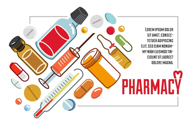 Vector medical flyer of pharmacy drugstore or medical clinic vector flat design, compositions of pills bottles and ampules isolated over white, health care and healing medicine theme design.