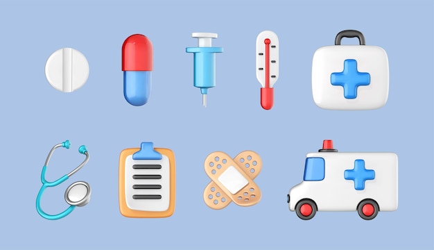 Medical and health care icons set Medical equipment in 3d cartoon style Online healthcare concept Vector 3D illustration