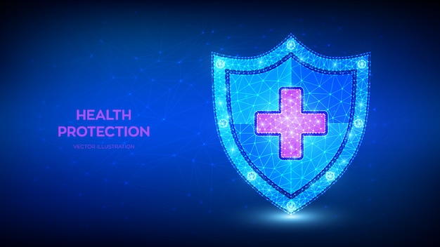 Medical health protection shield with cross. Healthcare concept. Abstract Low polygonal guard shield.