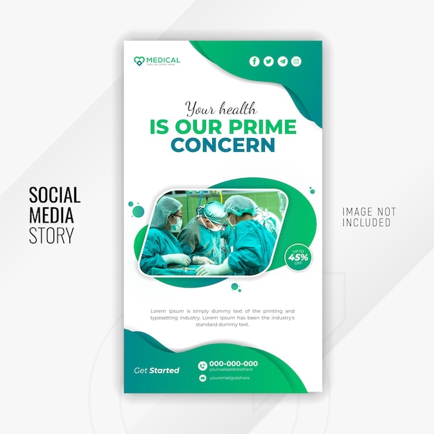 Medical healthcare promotion banner for instragram story design template with green gradient color shape