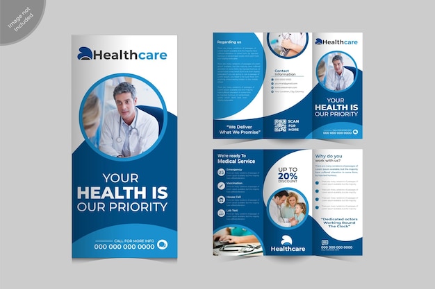 Medical healthcare service trifold brochure design template or hospital clinic promotion brochure