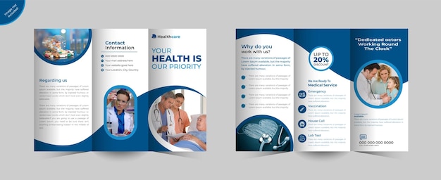 Medical healthcare service trifold brochure design template or hospital clinic promotion brochure