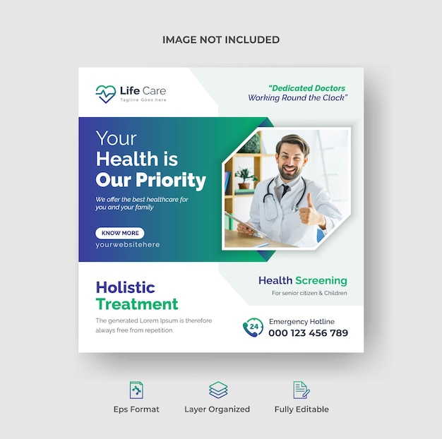 Medical healthcare social media post design template or editable square flyer poster banner