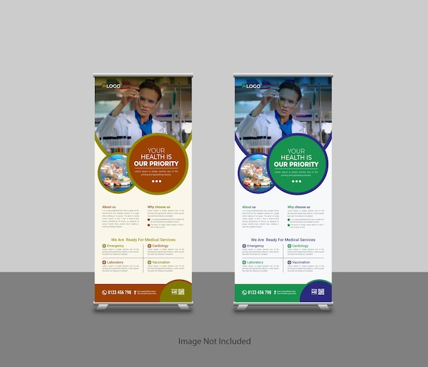 Medical healthcare standee roll-up banner template or healthcare services promotional rollup banner