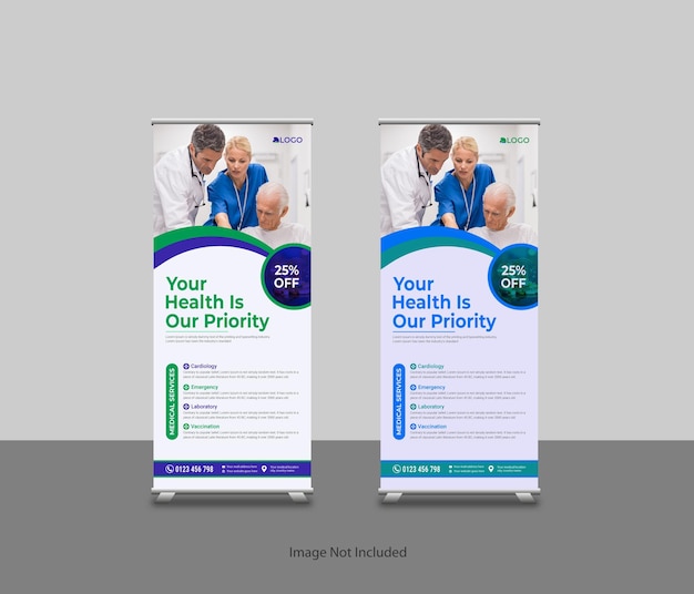 Medical healthcare standee roll-up banner template or healthcare services promotional rollup banner