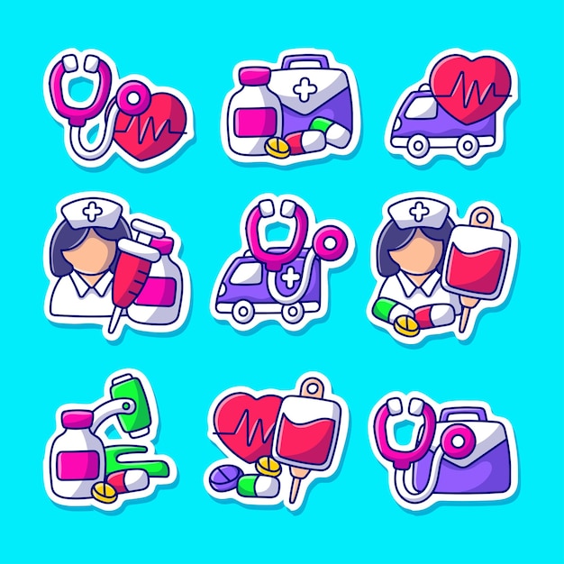 Medical healthcare sticker collection with colored hand drawn doodle style