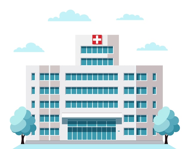 Medical hospital building exterior with city landscape Vector illustration