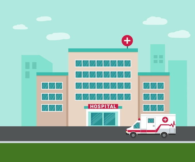 Medical hospital building outside. An ambulance car next to the hospital building. Isolated medical facility exterior view with trees and clouds on the background. Flat vector illustration