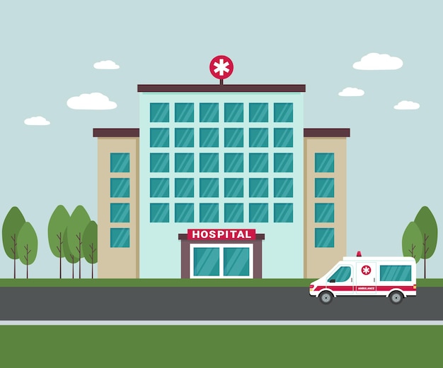 Medical hospital building outside. An ambulance car next to the hospital building. Isolated medical facility exterior view with trees and clouds on the background. Flat vector illustration