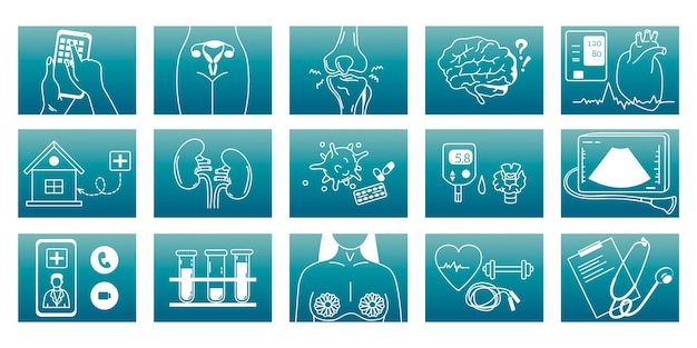 Medical icons of different directions medicine gynecology ultrasound oncology therapy orthopedics mammology laboratory tests Vector