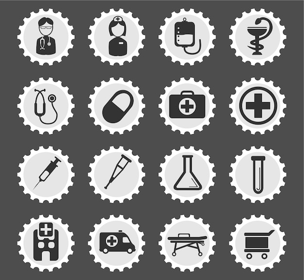 Medical icons on stylized round postage stamps