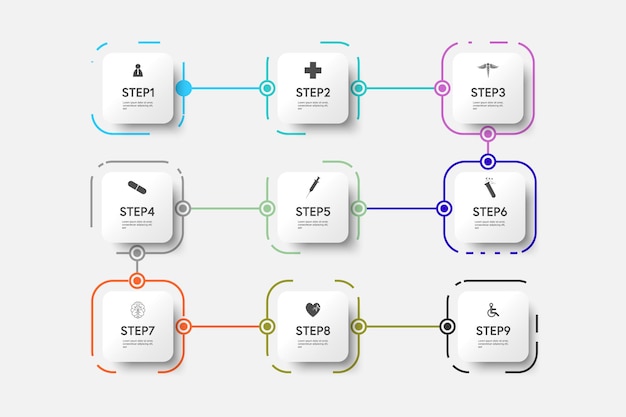 Medical  infographic thin line process with square template design with icons and 9 options or steps. Vector illustration.