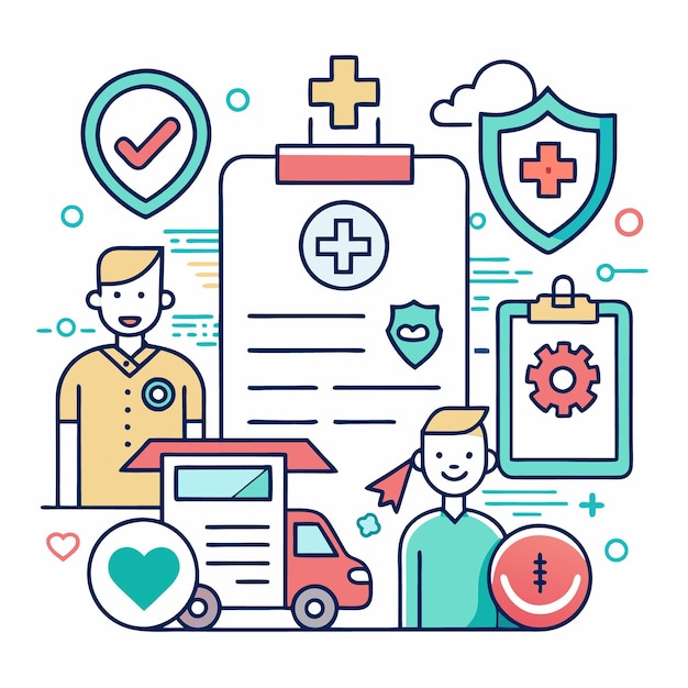 Medical insurance healthcare and medical services concept with a doctor patient ambulance and cross symbols