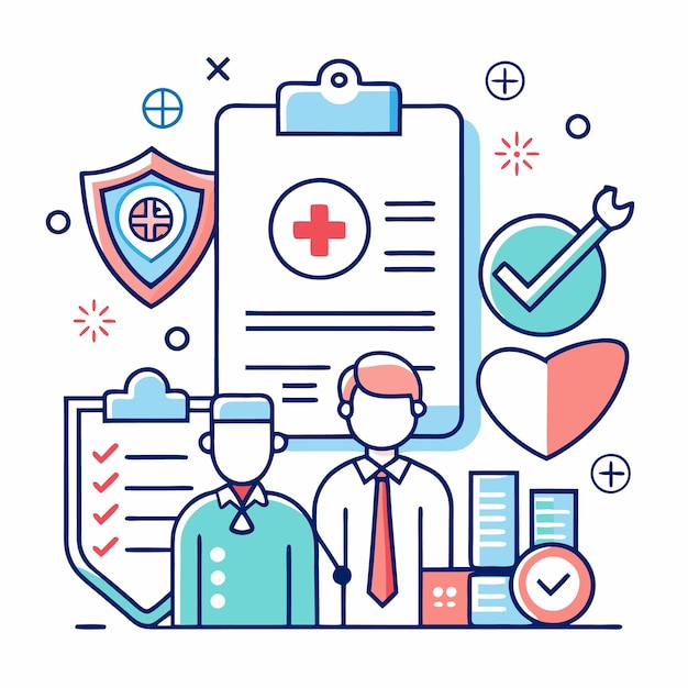 Vector medical insurance illustration with checklist heart and two people