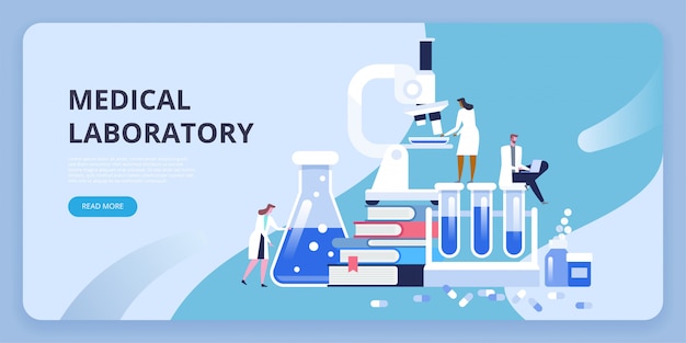 Medical laboratory research with microscope, science glass test tube, books and pills.