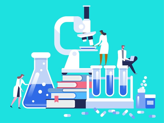 Medical laboratory research with microscope, science glass test tube, books and pills.