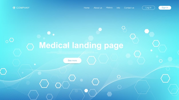 Medical landing page template design. Abstract health care banner template. Asbtract scientific background with hexagons. Innovation pattern. Vector illustration.