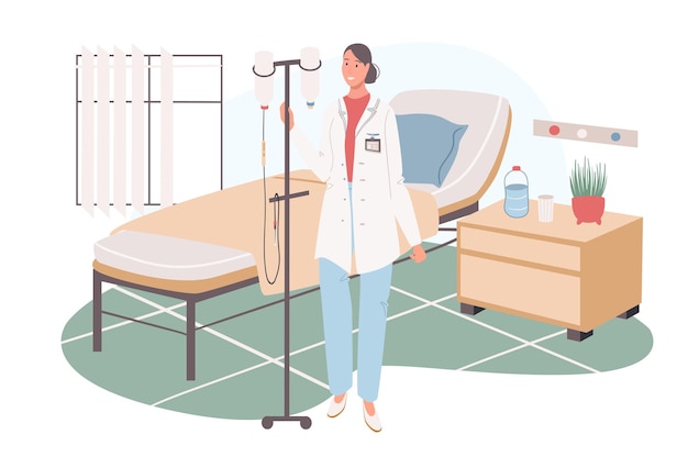 Medical office web concept. Nurse with dropper at ward. Hospitalization, rehabilitation, intensive therapy at medical clinic