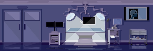 Vector medical operating room dark interior with brightly lit table for patient and modern surgery equipment horizontal vector illustration