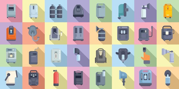 Medical oxygen concentrator icons set flat vector Aid doctor