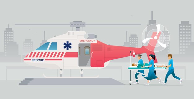 Vector medical personnel are transporting coma patients in rescue helicopters