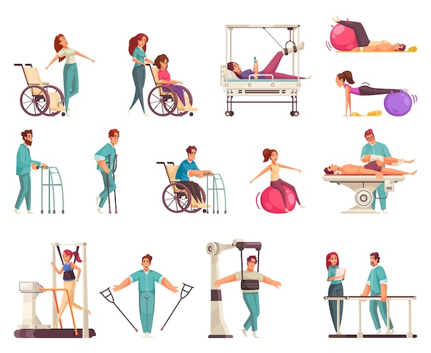 Vector medical physiotherapy rehabilitation set with icons and doodle human characters with medical appliances and physical specialists vector illustration