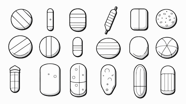 Vector medical pills capsules line art icon set isolated