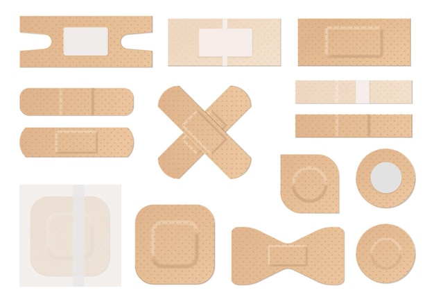 Medical plaster. Realistic water resistant perforated medical plasters, first aid plastic adhesive tape round rectangular forms, protaction and care vector set