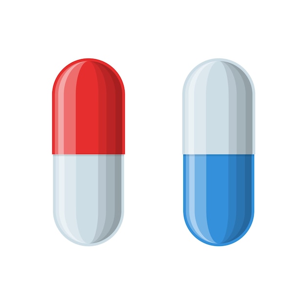 Medical red and blue capsules isolated on white background. Pharmacy and drugs symbols. Icons of pill. Medical vector illustration.