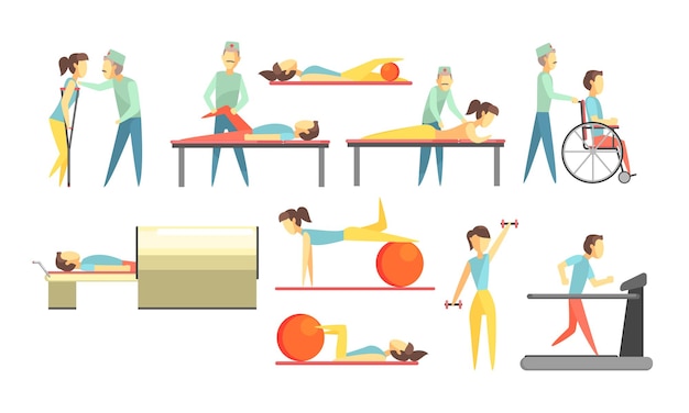 Medical Rehabilitation Set Physiotherapist and Patients During Rehabilitation Procedures Vector Illustration