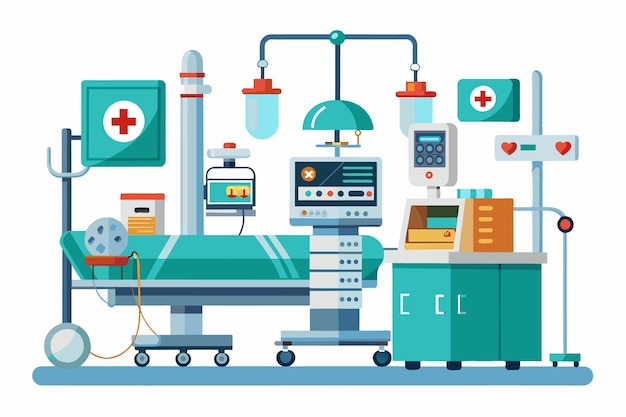 The medical room features a hospital bed surrounded by vital monitoring devices surgical tools and medical supplies creating a functional space for patient treatment