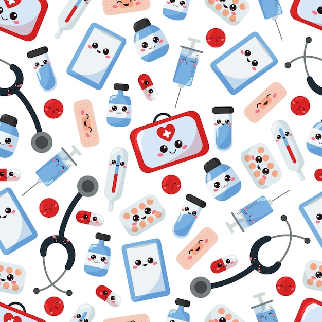 Medical seamless pattern with kawaii cartoon characters.