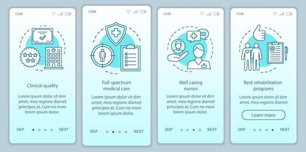 Medical service advances onboarding mobile app page screen vector template. Quality treatment, rehabilitation. Walkthrough website steps with illustrations. UX, UI, GUI smartphone interface concept