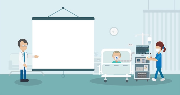 Medical service concept with blank screen projector and critical patient flat design vector illustration