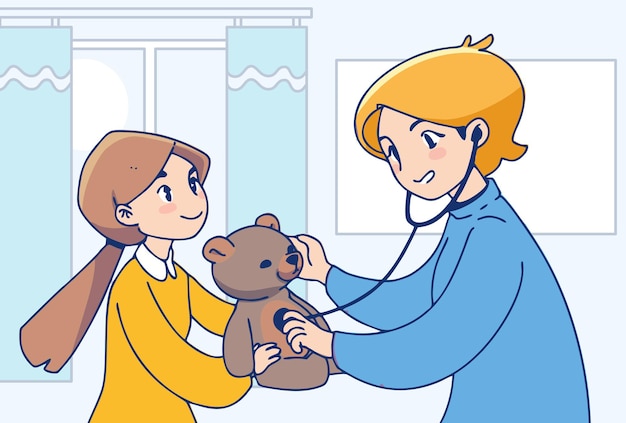 Medical service. Little girl and nurse illustration