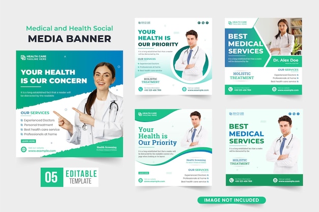 Medical service social media post bundle design with green and blue colors Healthcare service promotional web banner collection for marketing Hospital doctor treatment poster template set vector