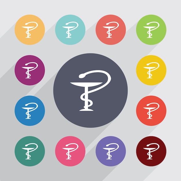 Medical sign, flat icons set. Round colourful buttons. Vector