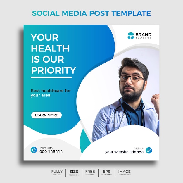 Medical social media post template Modern banner design with blue color