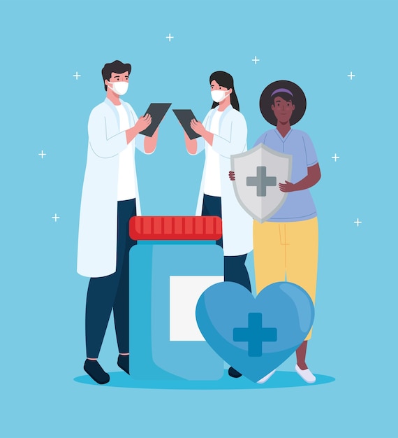 Medical staff group of three workers with immune system shield and bottle drugs  illustration 