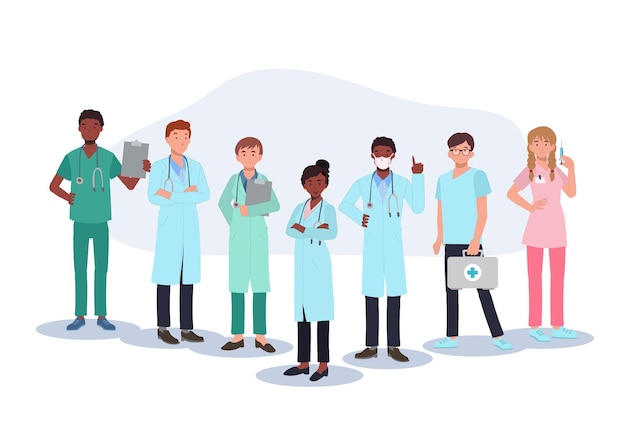 Medical staff team concept A team of doctors in uniform standing together Vector illustration