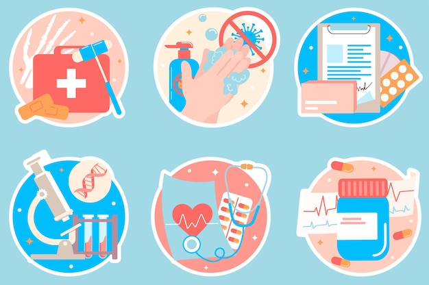 Medical Sticker set concept in the flat cartoon style on the blue background