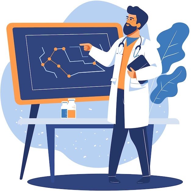 Vector medical student teaching in lab coat by black board