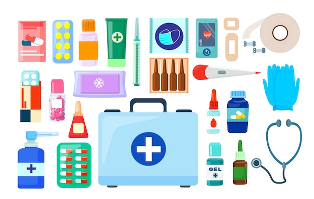 A medical suitcase and a set of medicines, pharmaceutical and pharmacy accessories. Vector