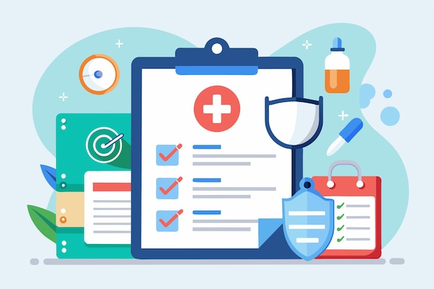 Medical supplies and checklists are neatly arranged on a hospital desk A collection of medical items